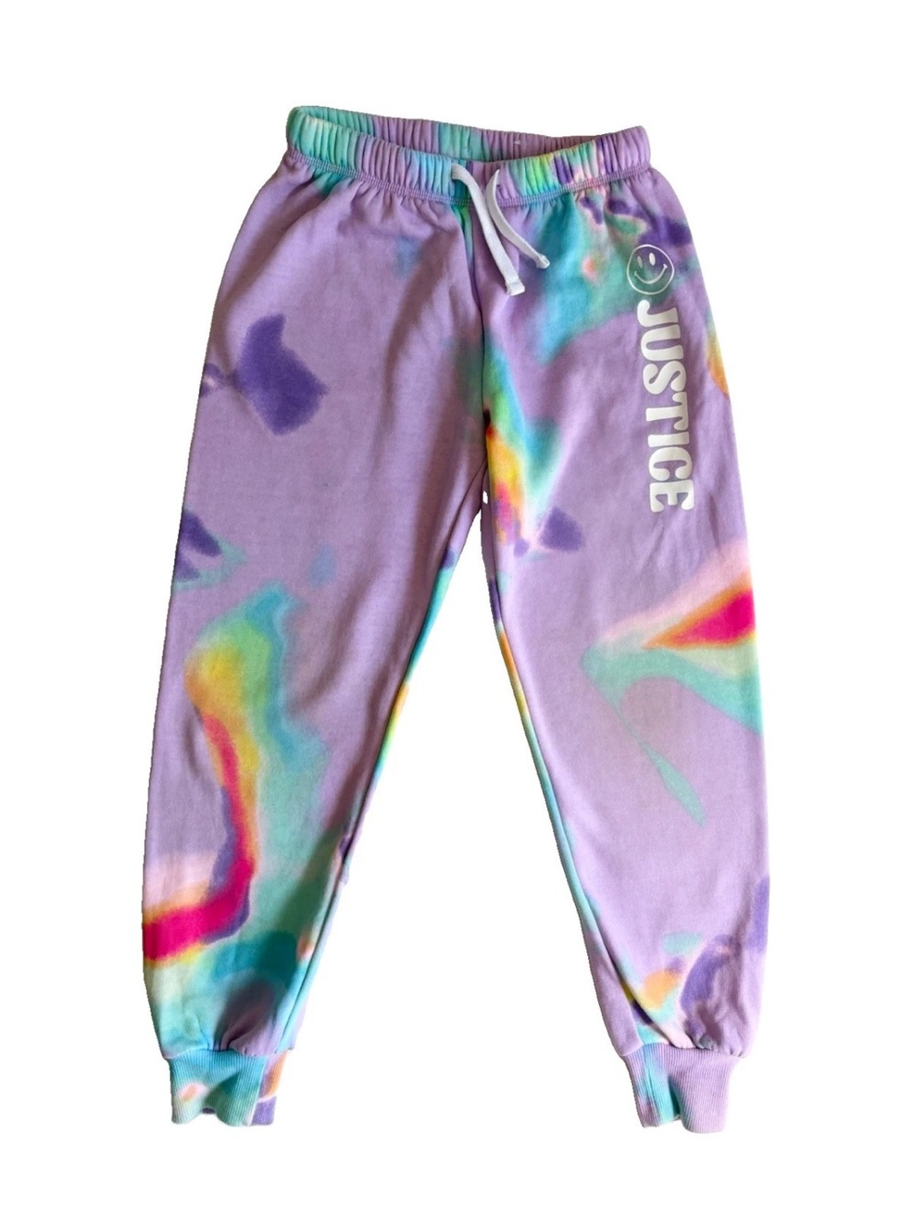 Justice S (7/8) Lavender Tie-Dye Joggers with Multicolor Accents Logo Girls